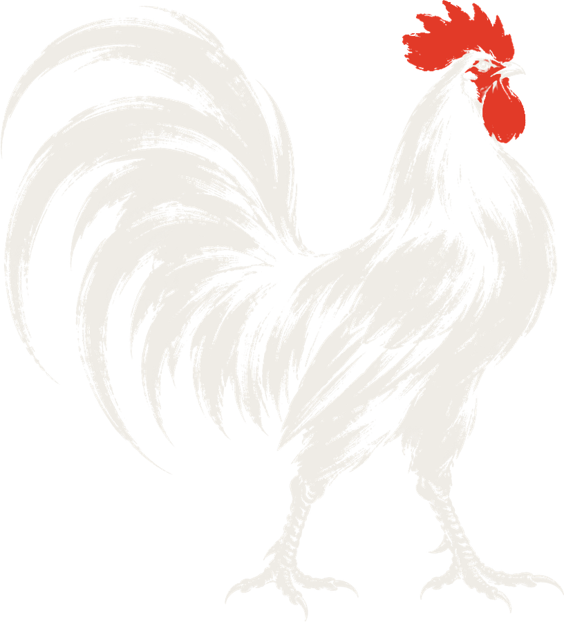 Ink painting of a rooster standing tall, red comb raised